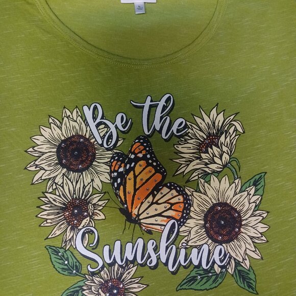 Truself Women's Pull-Over Top NWOT L Green with Sunflowers - Picture 2 of 6